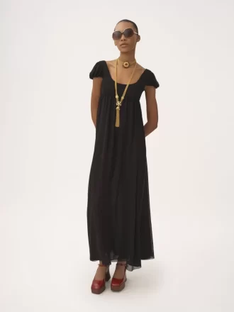 Puff-sleeve long dress in silk plumetis