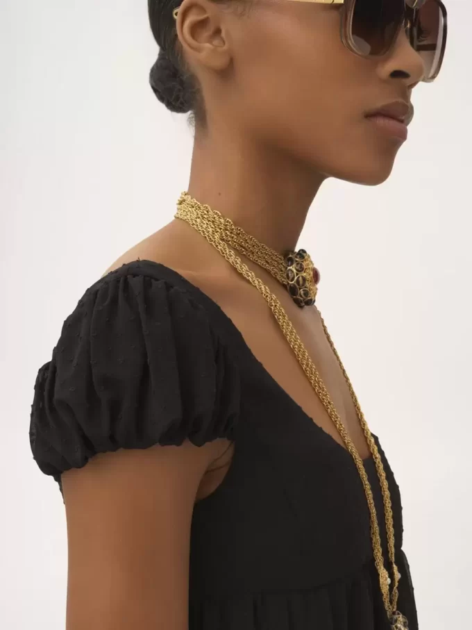 Puff-sleeve long dress in silk plumetis Puff-sleeve long dress in silk plumetis