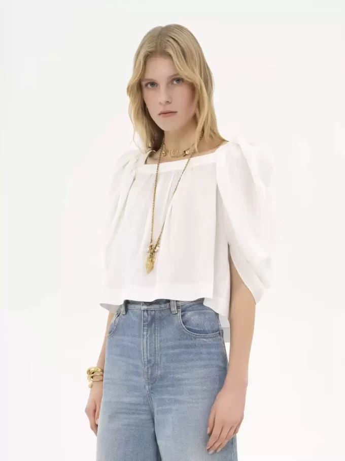 Puff-sleeve pleated top in silk poplin