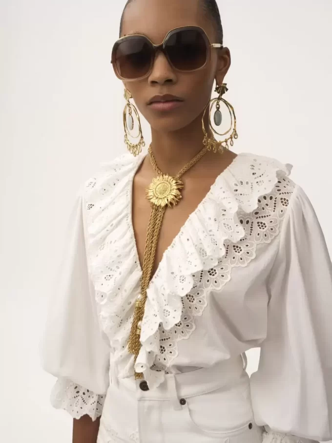 Puff-sleeve V-neck top in cotton voile Puff-sleeve V-neck top in cotton voile