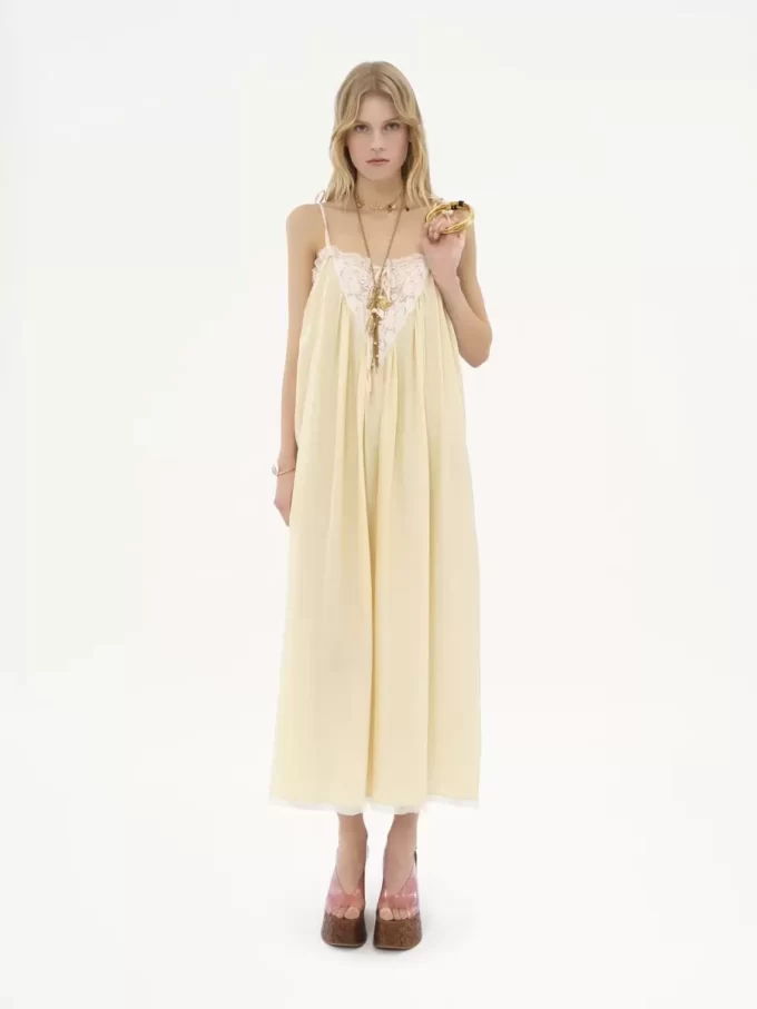 Ruffled long dress in silk habotai & lace Ruffled long dress in silk habotai & lace