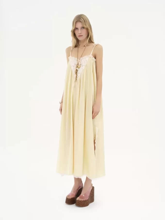Ruffled long dress in silk habotai & lace Ruffled long dress in silk habotai & lace