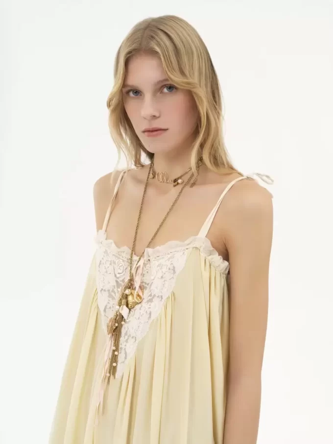 Ruffled long dress in silk habotai & lace Ruffled long dress in silk habotai & lace