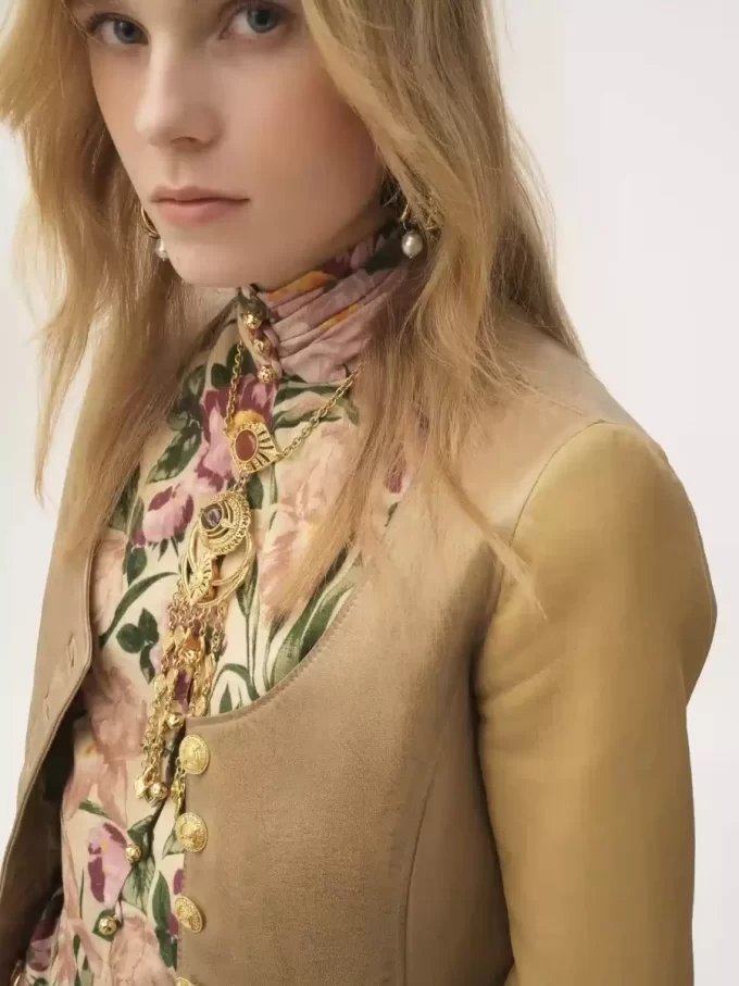 Scoop-neck cinched jacket in leather