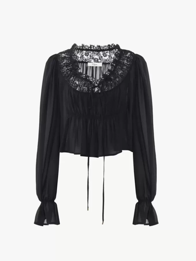 Scoop-neck cropped top in silk georgette & lace Scoop-neck cropped top in silk georgette & lace