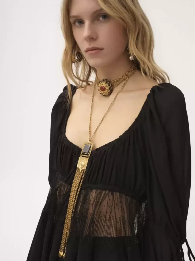 Scoop-neck puff-sleeve top in silk georgette & lace Scoop-neck puff-sleeve top in silk georgette & lace