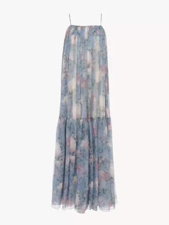 Sleeveless long dress in silk mousseline