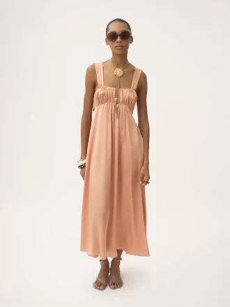 Sleeveless ruched long dress in silk satin