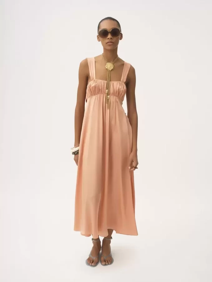 Sleeveless ruched long dress in silk satin Sleeveless ruched long dress in silk satin