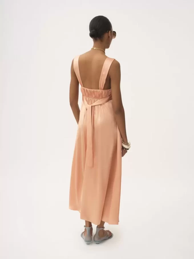 Sleeveless ruched long dress in silk satin Sleeveless ruched long dress in silk satin