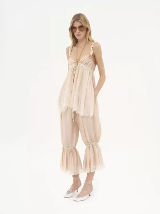 Sleeveless top in washed silk pongé & lace