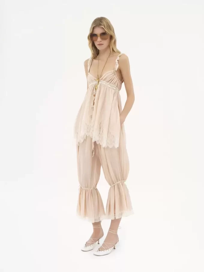 Fluid cropped pants in washed silk pongé & lace Fluid cropped pants in washed silk pongé & lace