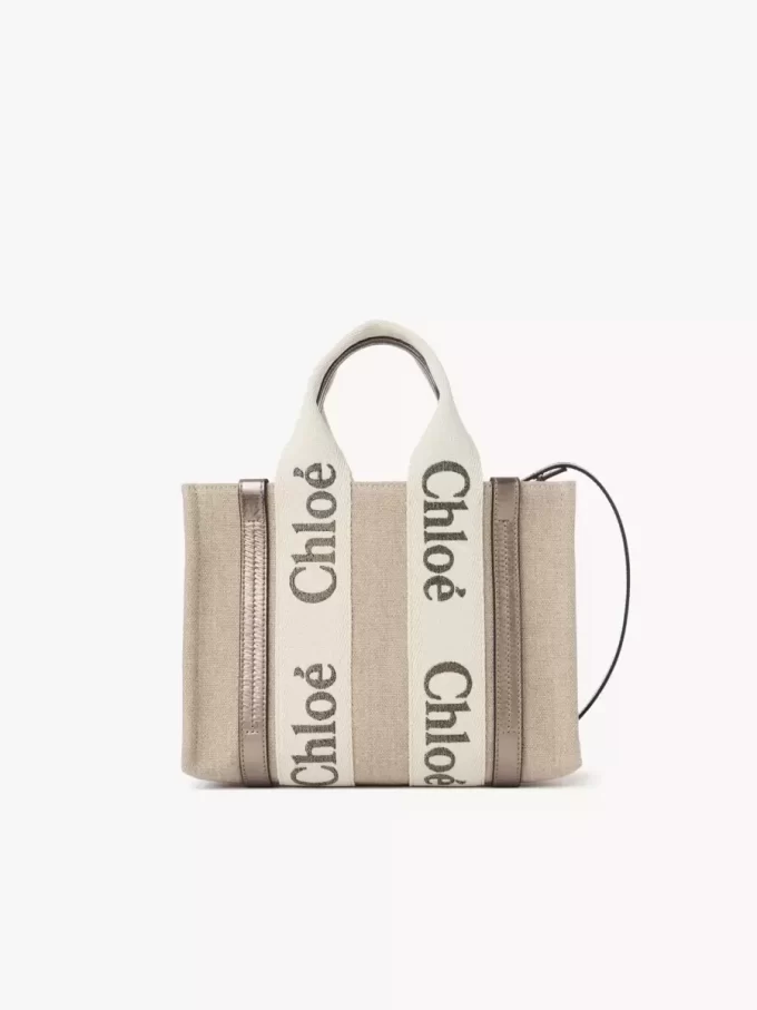 Small Woody tote bag in linen & leather Small Woody tote bag in linen & leather