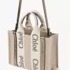 Small Woody tote bag in linen & leather Small Woody tote bag in linen & leather