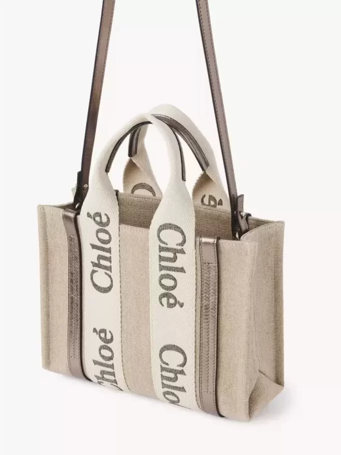 Small Woody tote bag in linen & leather Small Woody tote bag in linen & leather