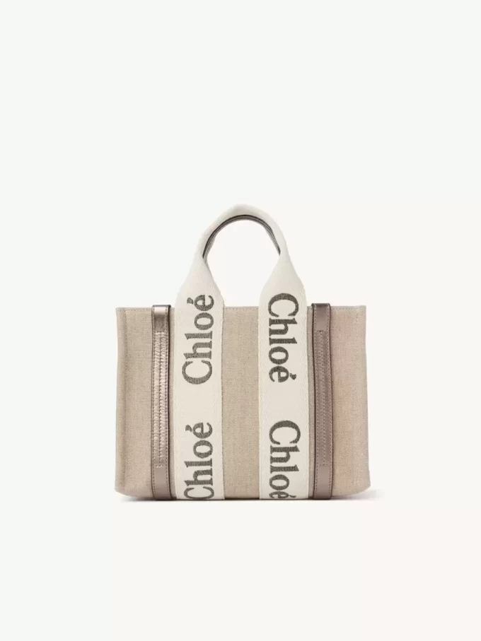 Small Woody tote bag in linen & leather Small Woody tote bag in linen & leather