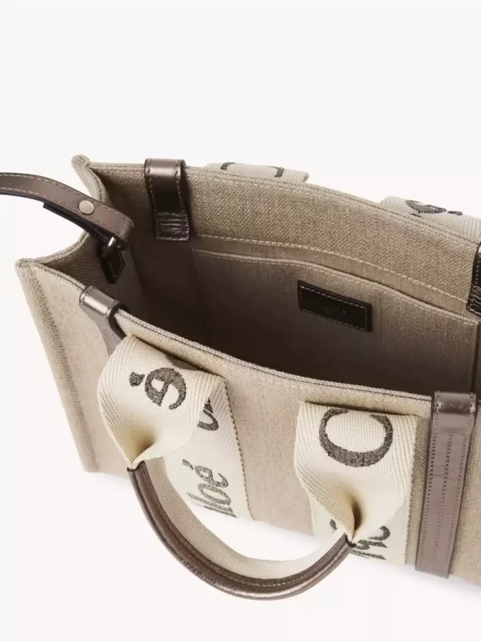 Small Woody tote bag in linen & leather Small Woody tote bag in linen & leather