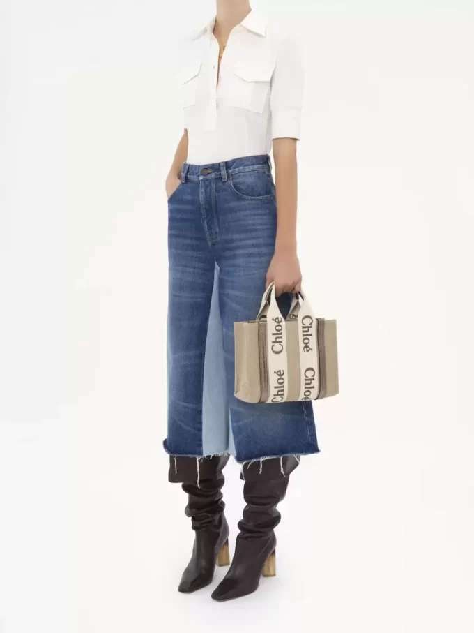 Small Woody tote bag in linen & leather Small Woody tote bag in linen & leather