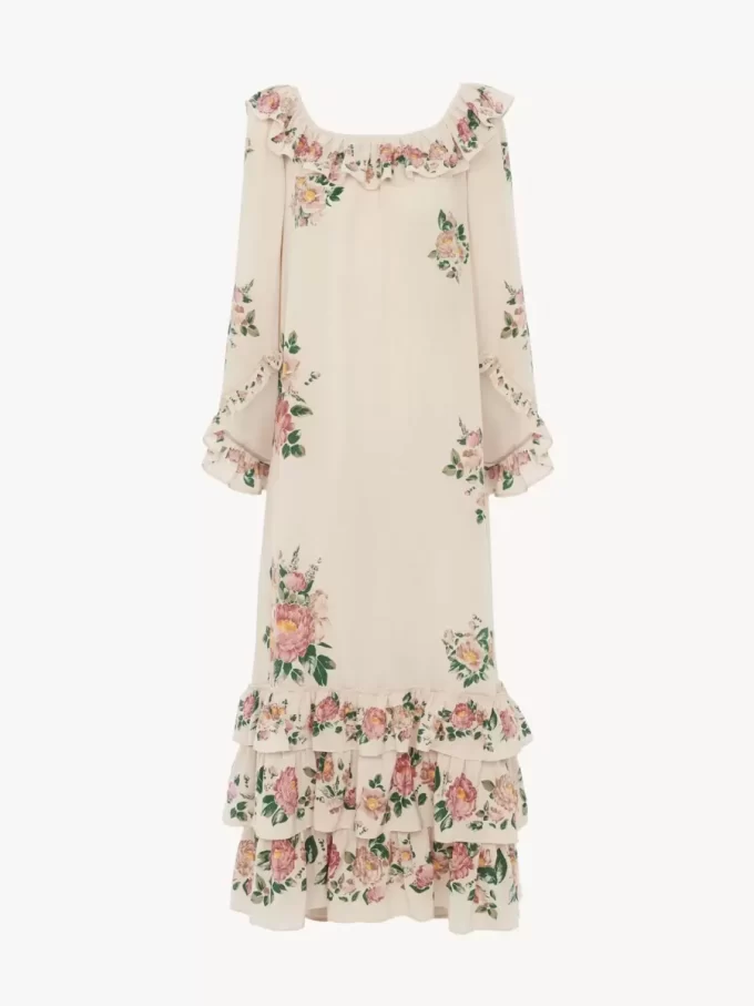 Square-neck ruffled long dress in crêpe de chine Square-neck ruffled long dress in crêpe de chine