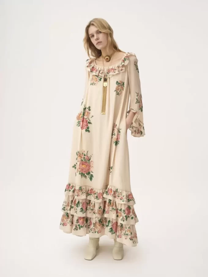 Square-neck ruffled long dress in crêpe de chine Square-neck ruffled long dress in crêpe de chine