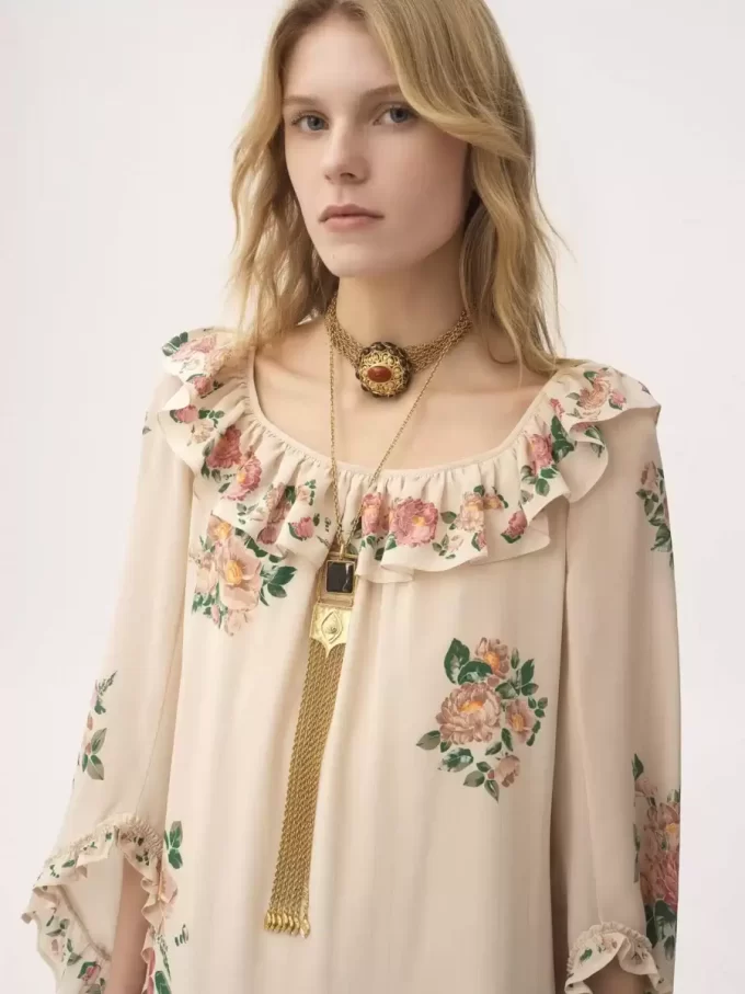 Square-neck ruffled long dress in crêpe de chine Square-neck ruffled long dress in crêpe de chine