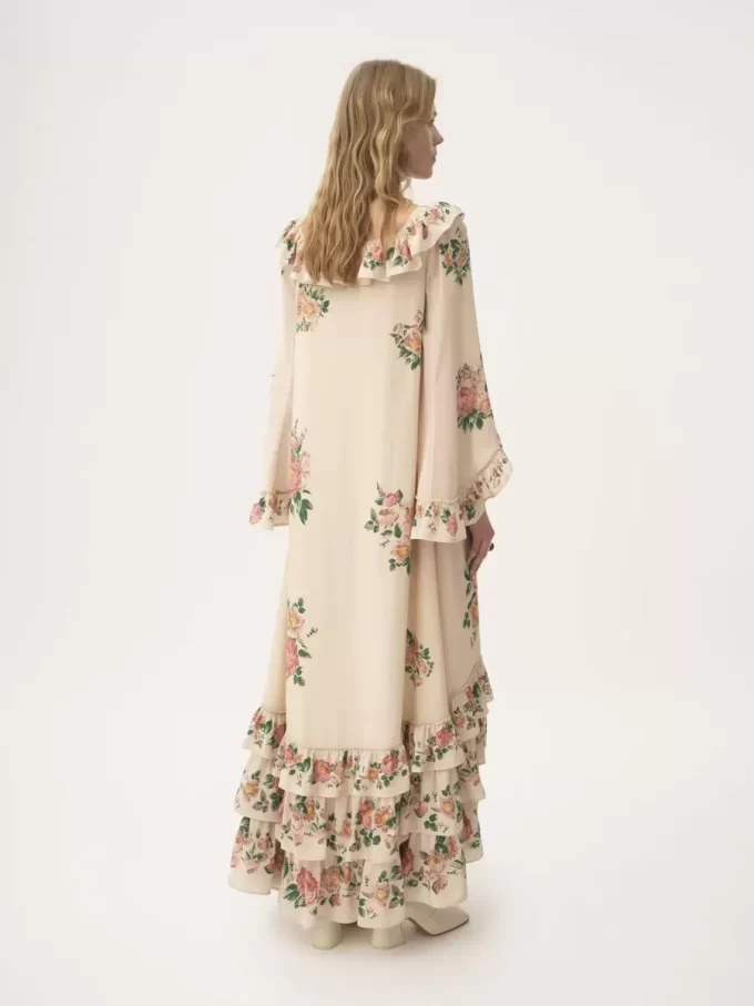 Square-neck ruffled long dress in crêpe de chine Square-neck ruffled long dress in crêpe de chine