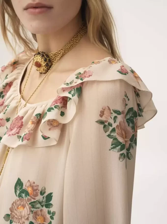 Square-neck ruffled long dress in crêpe de chine Square-neck ruffled long dress in crêpe de chine