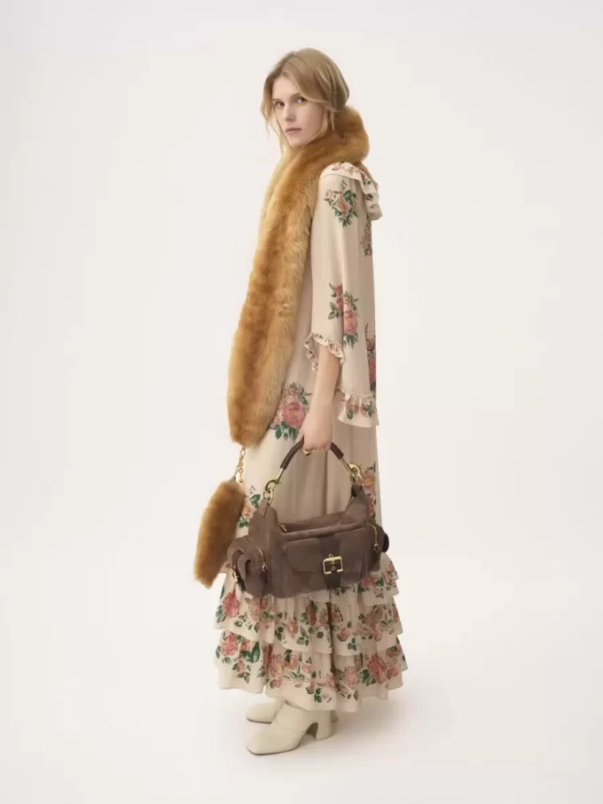 Square-neck ruffled long dress in crêpe de chine Square-neck ruffled long dress in crêpe de chine