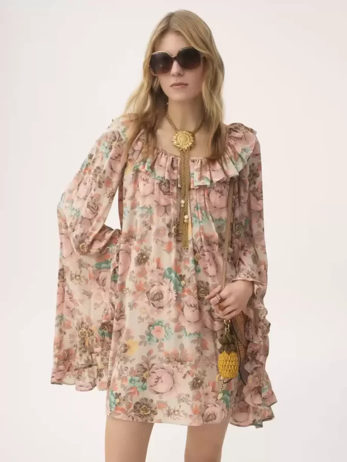 Square-neck ruffled mini dress in crêpe de chine Square-neck ruffled mini dress in crêpe de chine