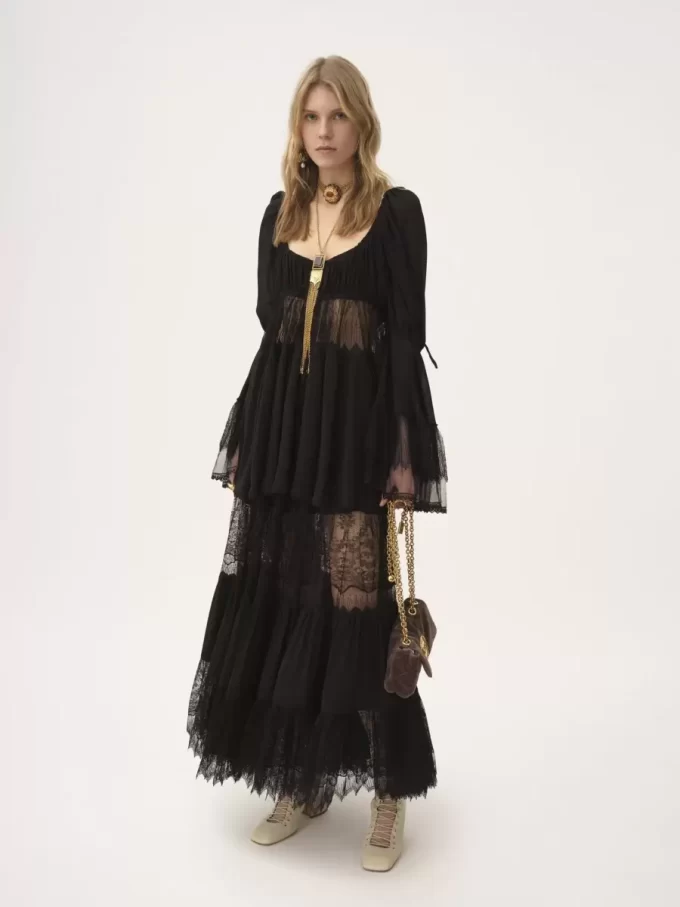 Tiered long skirt in silk georgette & lace Tiered long skirt in silk georgette & lace