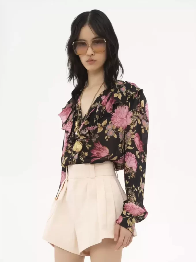 V-neck ruffled blouse in silk charmeuse V-neck ruffled blouse in silk charmeuse