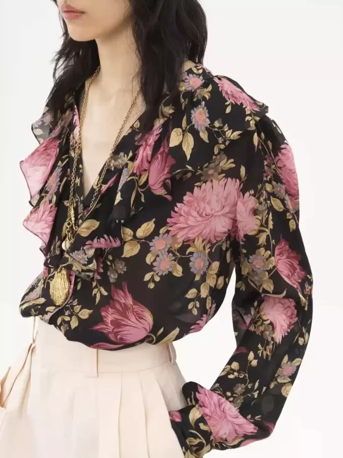 V-neck ruffled blouse in silk charmeuse V-neck ruffled blouse in silk charmeuse