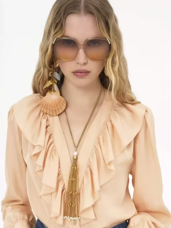 V-neck ruffled blouse in silk habotai