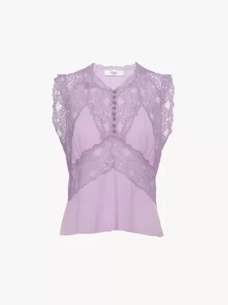V-neck top in crêpe de chine & lace