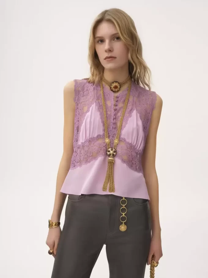 V-neck top in crêpe de chine & lace V-neck top in crêpe de chine & lace